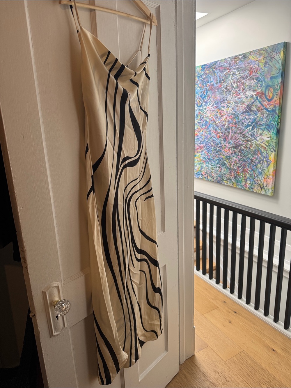 Mango Cream Slip Dress with Black Wave Stripes